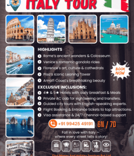 Discover Italy with Chennai’s most trusted travel agency — FindHolidays.in. Explore Rome, Venice, Florence & Amalfi in a 7-day guided tour with flights, hotels & visa assistance.